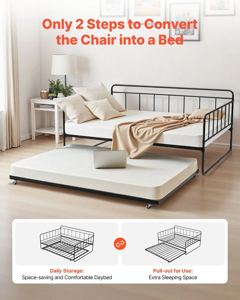 VEVOR Dvigulė metalinė lova su ištraukiama dalimi, 2in1 daugiafunkcinė sofa lova, juoda, svečių lova