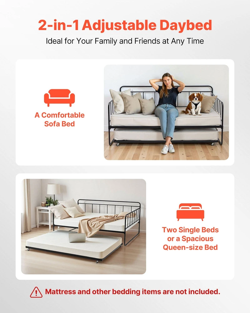 VEVOR Dvigulė metalinė lova su ištraukiama dalimi, 2in1 daugiafunkcinė sofa lova, juoda, svečių lova