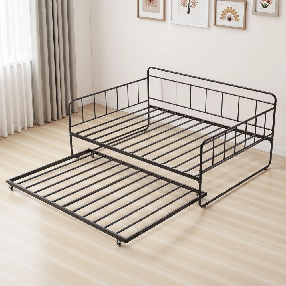VEVOR Dvigulė metalinė lova su ištraukiama dalimi, 2in1 daugiafunkcinė sofa lova, juoda, svečių lova