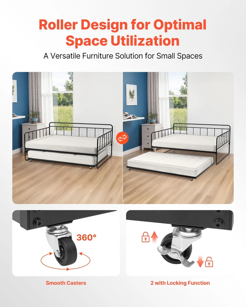 VEVOR Dvigulė metalinė lova su ištraukiama dalimi, 2in1 daugiafunkcinė sofa lova, juoda, svečių lova