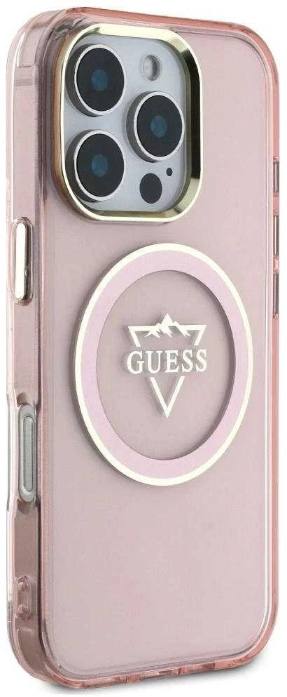 Guess IML Metal Mountain Logo MagSafe Apple iPhone 16 Pro Max dėklas telefonui rožinės spalvos
