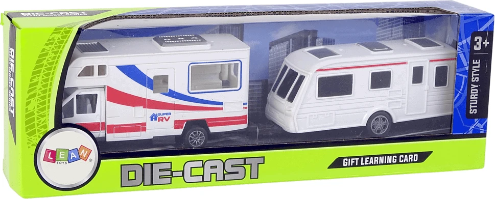 Lean Toys Kelionių automobilis su priekaba, baltas