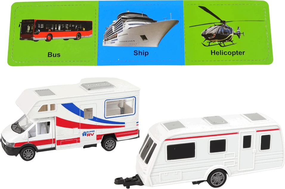 Lean Toys Kelionių automobilis su priekaba, baltas