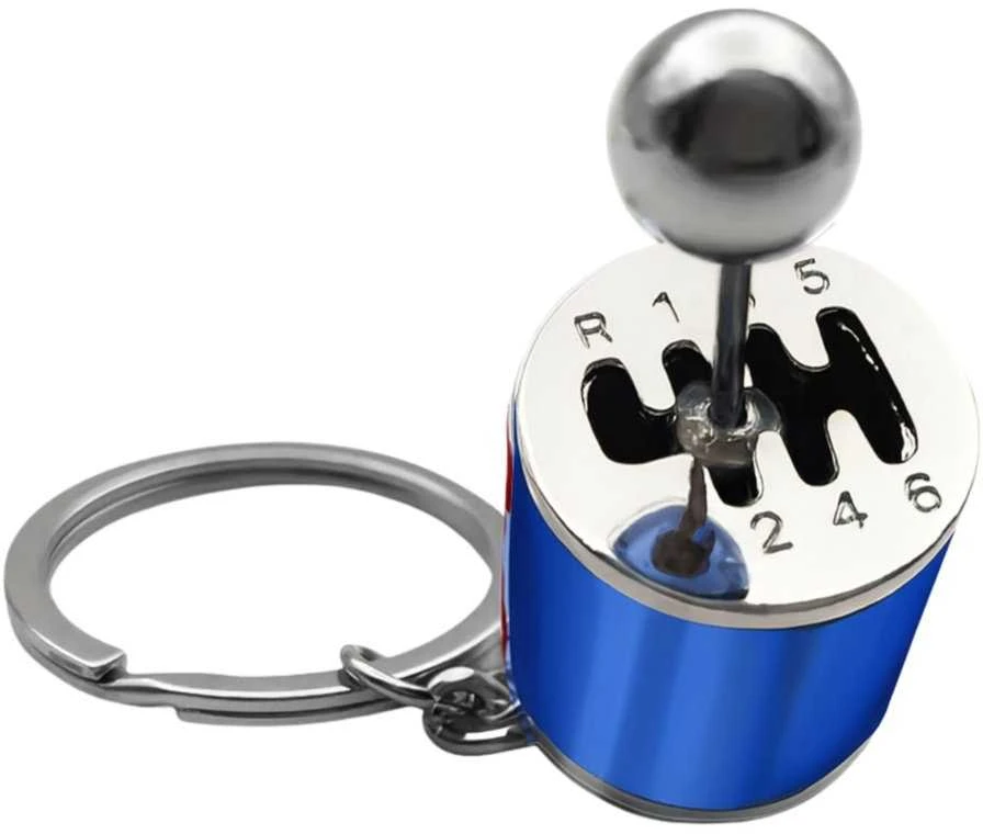 Lean Toys Metalinis pavarų dėžės formos raktų pakabukas, mėlyna spalva