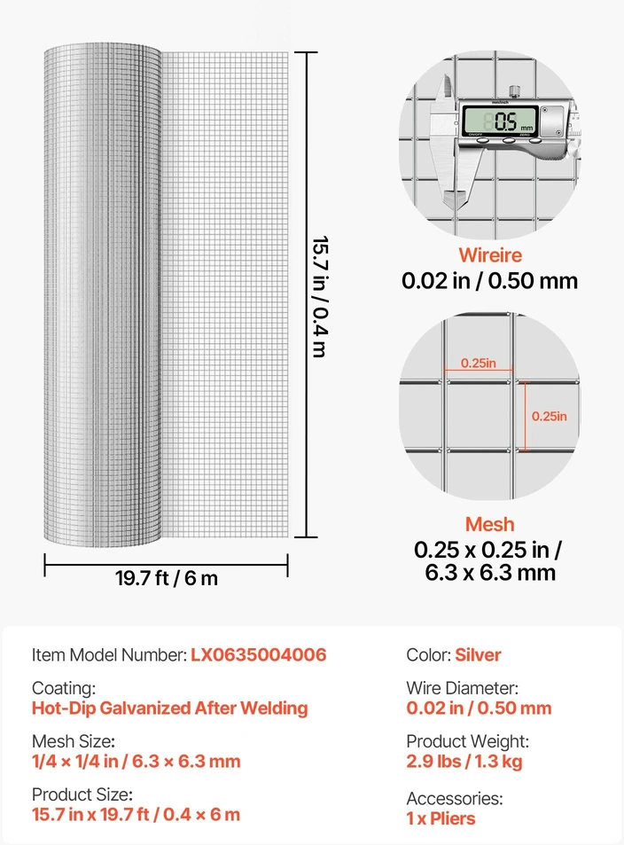 VEVOR Suvirintas metalinis tinklas 0,4 x 6 m