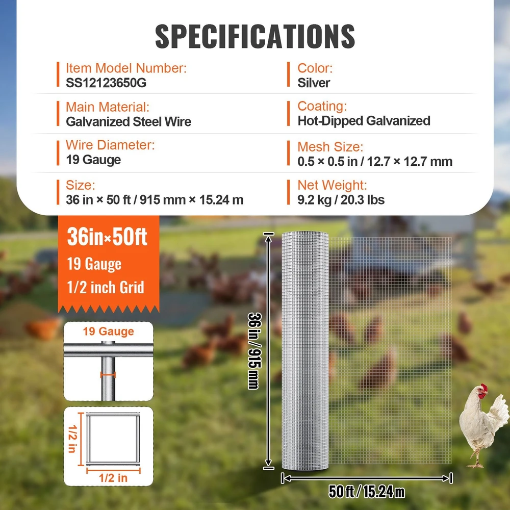 Vevor Tinklo tvora 915mm x 15.24m su 12.7mm akutėmis