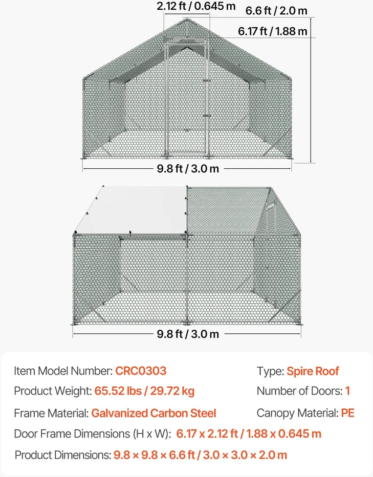 VEVOR Didelis metalinis vištidės voljeras 3 x 3 x 2 m