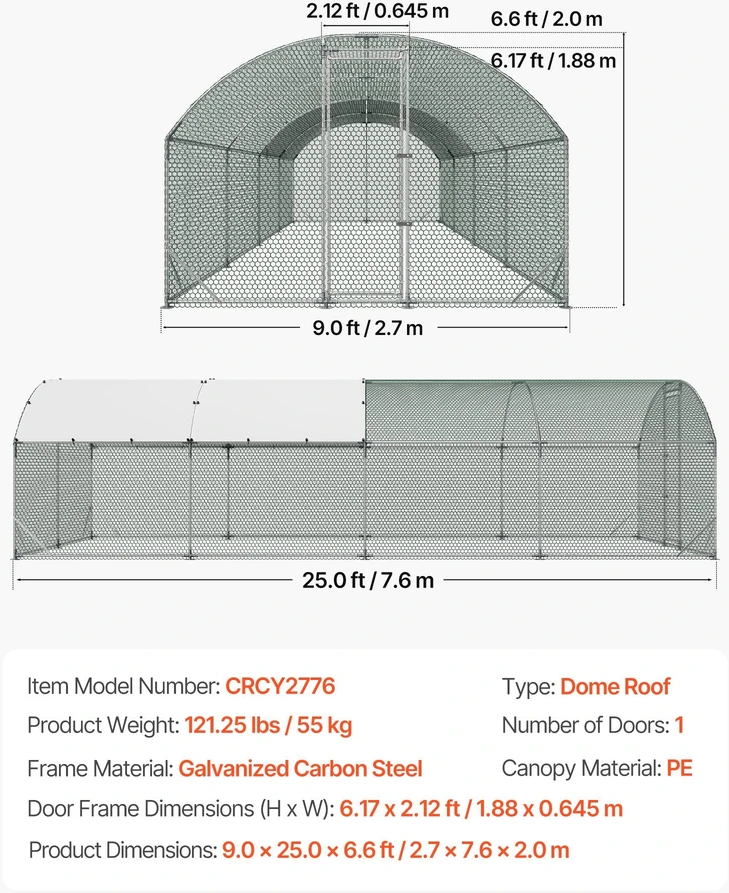 VEVOR Didelis metalinis vištidės voljeras 2,7 x 7,6 x 2 m