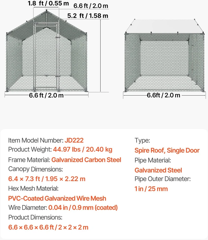 VEVOR Didelis metalinis vištų voljeras 2 x 2 x 2 m