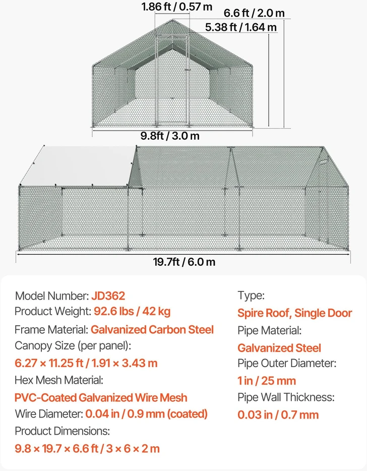 Metalinis vištidės aptvaras VEVOR JD362, 3x6x2 m