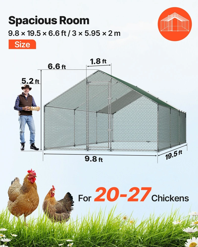 VEVOR Metalinis vištidės aptvaras, 3x6x2 m didelis lauko voljeras su uždangalu, smailiaviršūnis narvas paukščiams, lauko aptvaras antims ir triušiams, paukštidė ūkiui
