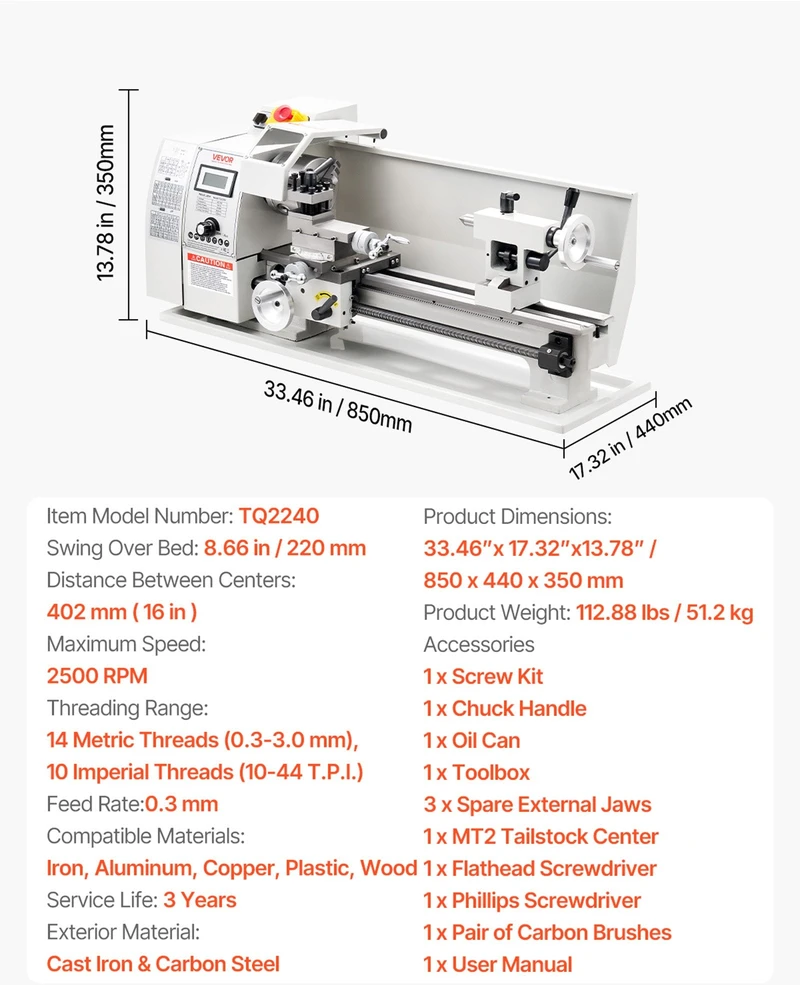 Metalo tekinimo staklės VEVOR TQ2240, 650 W