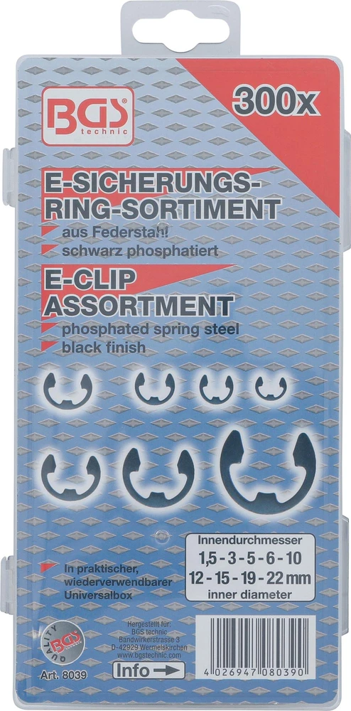 BGS METRINIŲ E FORMOS FIKSAVIMO ŽIEDŲ RINKINYS | 1,5–22 MM | 300 VNT. (8039)
