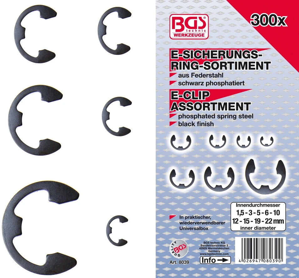BGS METRINIŲ E FORMOS FIKSAVIMO ŽIEDŲ RINKINYS | 1,5–22 MM | 300 VNT. (8039)