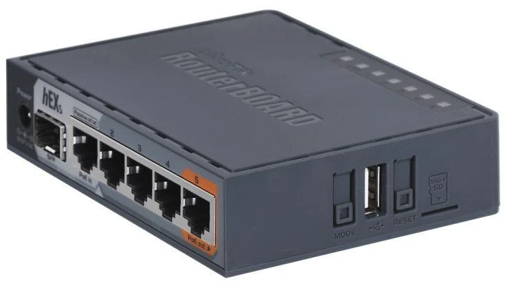 Šakotuvas Mikrotik Wired Ethernet Maršrutizatorius RB760iGS, hEX S, Dual Core 880MHz CPU, 256MB RAM, 16 MB (MicroSD), 5xGigabit LAN, 1xSFP, USB, IPsec hardware encryption support and The Dude serveris package, PCB temperature and Voltage Monitorius, Beeper, RouterOS L4 | MikroTik | Enthernet Maršrutizatorius hEX S | RB760iGS | No Wi-Fi | 10/100/1000 Mbit/s | Mesh Support No | MU-MiMO No | No mobile broadband | Antenna type No antena | 1 | 12 mėn.