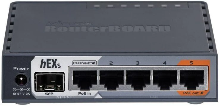 Šakotuvas Mikrotik Wired Ethernet Maršrutizatorius RB760iGS, hEX S, Dual Core 880MHz CPU, 256MB RAM, 16 MB (MicroSD), 5xGigabit LAN, 1xSFP, USB, IPsec hardware encryption support and The Dude serveris package, PCB temperature and Voltage Monitorius, Beeper, RouterOS L4 | MikroTik | Enthernet Maršrutizatorius hEX S | RB760iGS | No Wi-Fi | 10/100/1000 Mbit/s | Mesh Support No | MU-MiMO No | No mobile broadband | Antenna type No antena | 1 | 12 mėn.