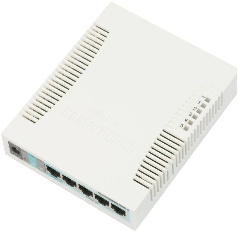 Ausinės Mikrotik RB260GS gigabitinis eterneto maršrutizatorius (10/100/1000) su PoE palaikymu, baltas