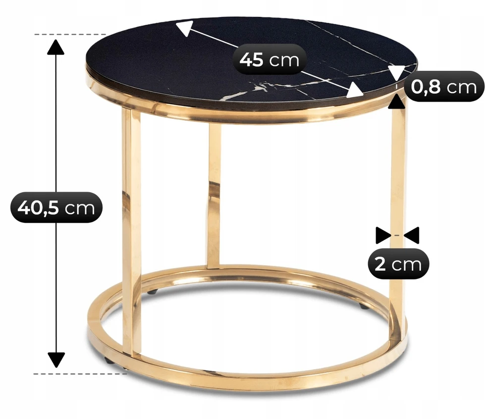 MILANO kavos staliukų komplektas, 45 cm/60 cm, juodas marmuras/auksinis žavesys