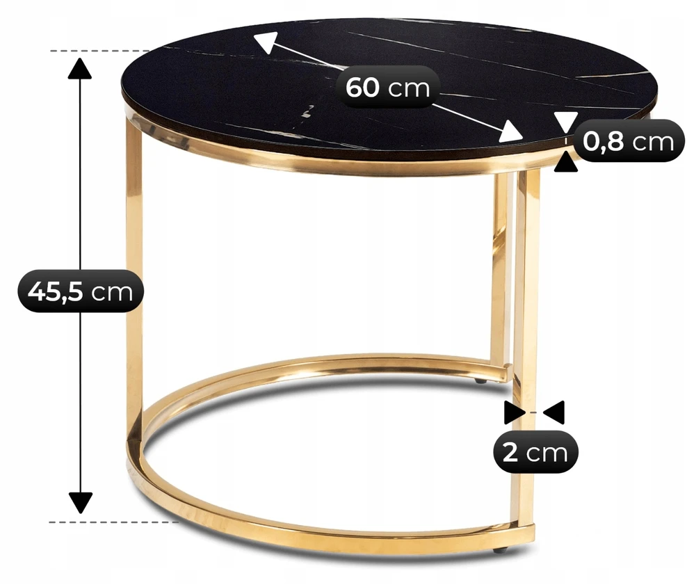 MILANO kavos staliukų komplektas, 45 cm/60 cm, juodas marmuras/auksinis žavesys