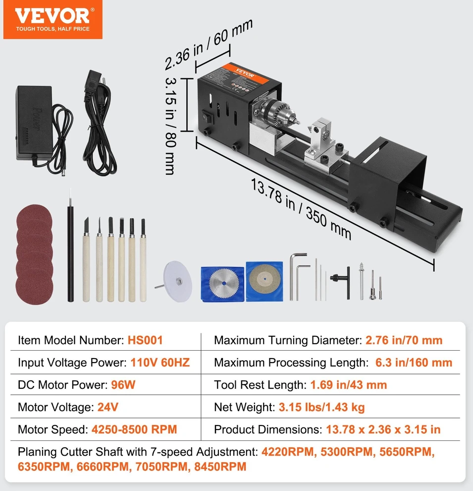 VEVOR Mini medžio staklės, 70 mm x 160 mm, 24VDC