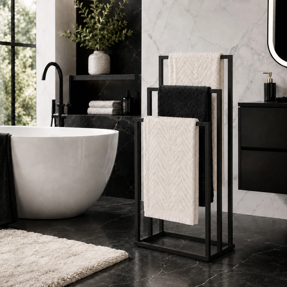 Laisvai pastatomas metalinis rankšluosčių stovas su 3 laikikliais, juodas, ModernHome