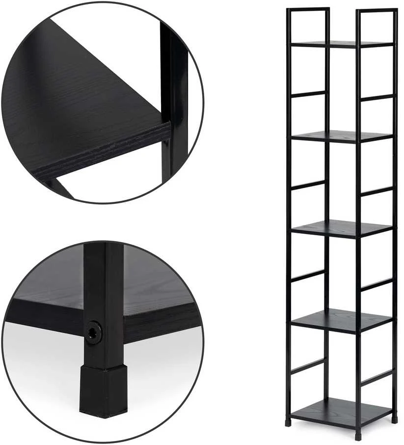 Moderni medinė lentyna su metaliniu rėmu, keturių lentynų, LOFT stilius, juoda, ModernHome
