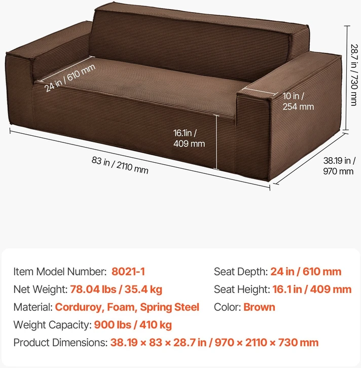 VEVOR 2110 mm moderni sofa be surinkimo