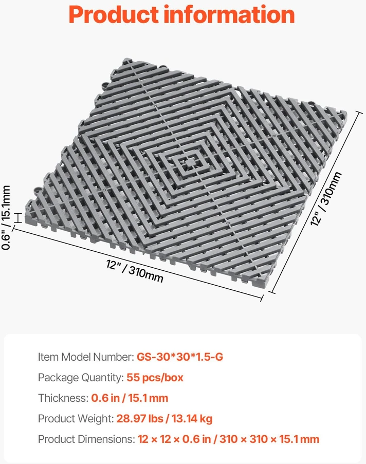 VEVOR Modulinis grindų kilimėlis su drenažu 30 x 30 cm