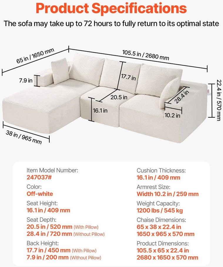 VEVOR Modulinis kampinis sofa su gultu ir pagalve smėlio spalvos