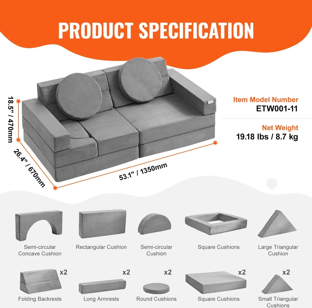 VEVOR Vaikiška modulinė sofa, 15 dalių