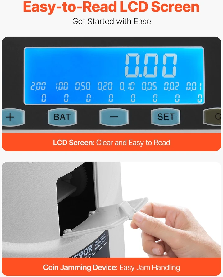 VEVOR Euro monetų rūšiuoklė su LCD ekranu