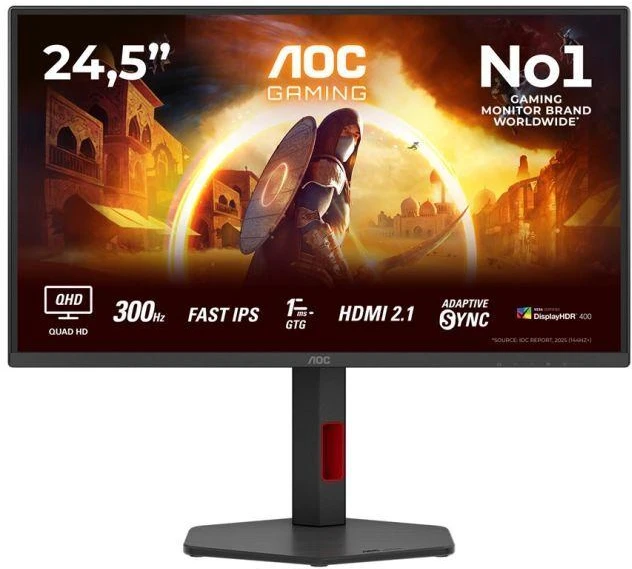 Monitorius AOC Q25G4SR, 24,5 colio, IPS, QHD jungtis, 16:9, 300 Hz, 1 ms, 2560 x 1440 pikselių, 400 cd/m2, HDMI jungtys: 2, juodas