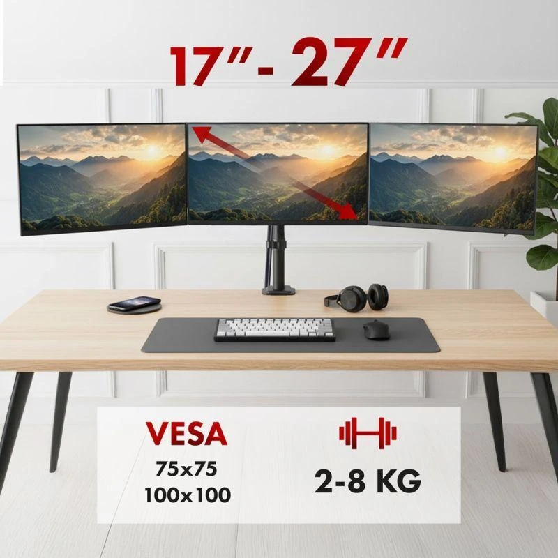 Laikiklis Maclean 3 monitorius mount, gas spring, 17"-27", 2-8kg, juodas, MC-137