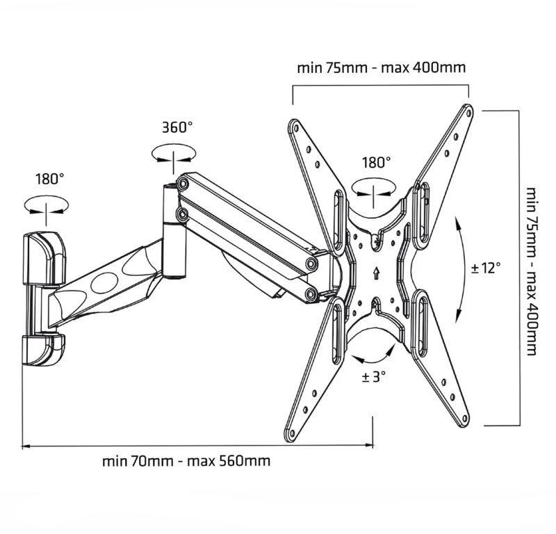 Laikiklis Tvirtinimo sienelė televizoriui Maclean MC-784 (sukamasis, pakreipiamas, sieninis, 32" - 55", maks. 20kg)