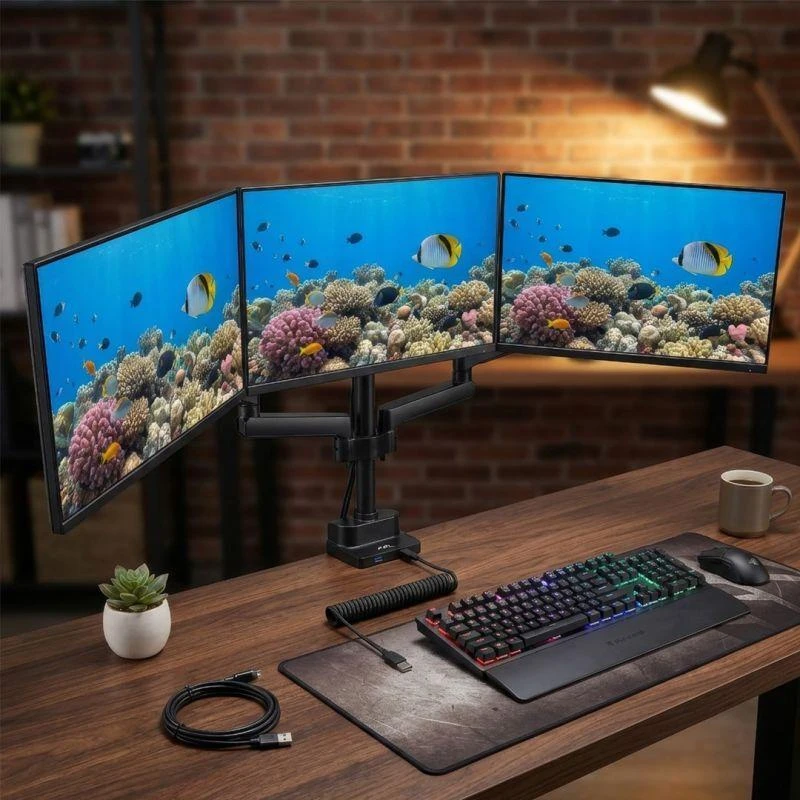 Laikiklis Tvirtinamas stalas 3 monitoriams Maclean MC-811 (stalinis kompiuteris, 17" - 27", maks. 20kg)