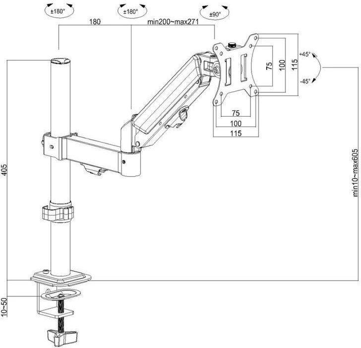 Laikiklis Maclean monitorius mount, gas spring, 17"-32", 2-10kg, juodas, MC-135