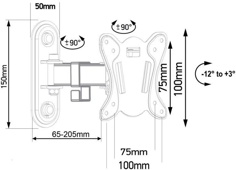 Maclean MC-416 TV Monitorius sieninis laikiklis 13"-32" 30kg Pakreipti Pasukti maks. VESA 100x100 Juodas milteliniu būdu padengtas LED OLED LCD universalus laikiklis