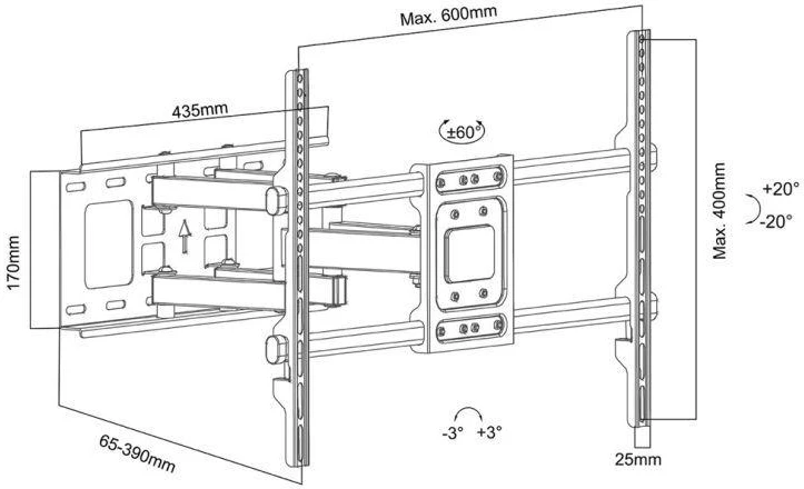 „Maclean“ televizoriaus laikiklis, maks. VESA 600x400, 32–85 colio, 60 kg, horizontalus ir vertikalus kampo reguliavimas, profilis 65–390 mm, juodas, MC-789