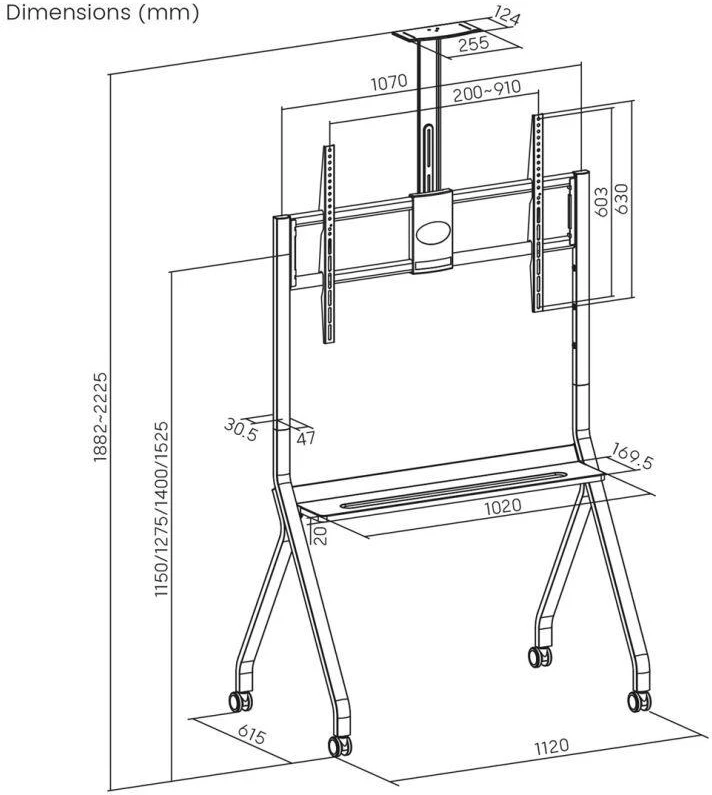 Laikiklis „Maclean“ televizoriaus stovas / vežimėlis, lentyna kamerai, su ratukais, 55–100", maks. apkrova 120 kg / 10 kg lentynos, maks. VESA 900x600, juodas, MC-114 B