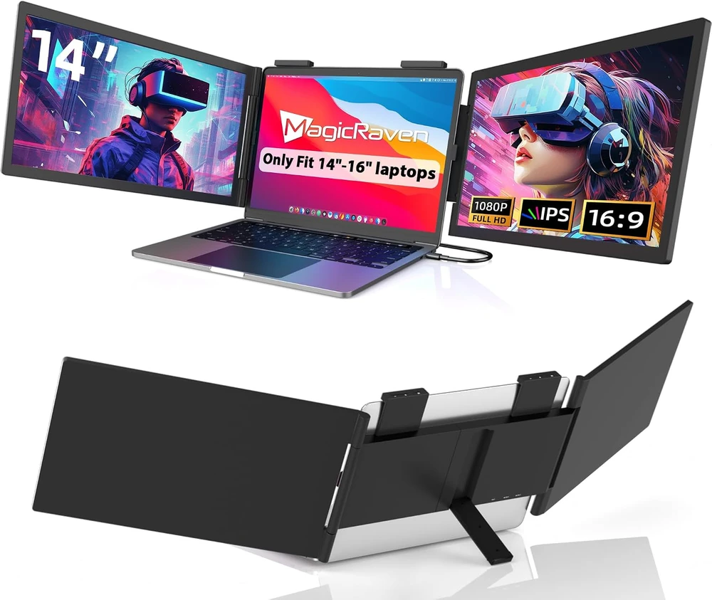 Monitorius MAGICRAVEN nešiojamas trigubas 14 col. FHD IPS nešiojamojo kompiuterio ekranų plėstuvas 14"-Triple
