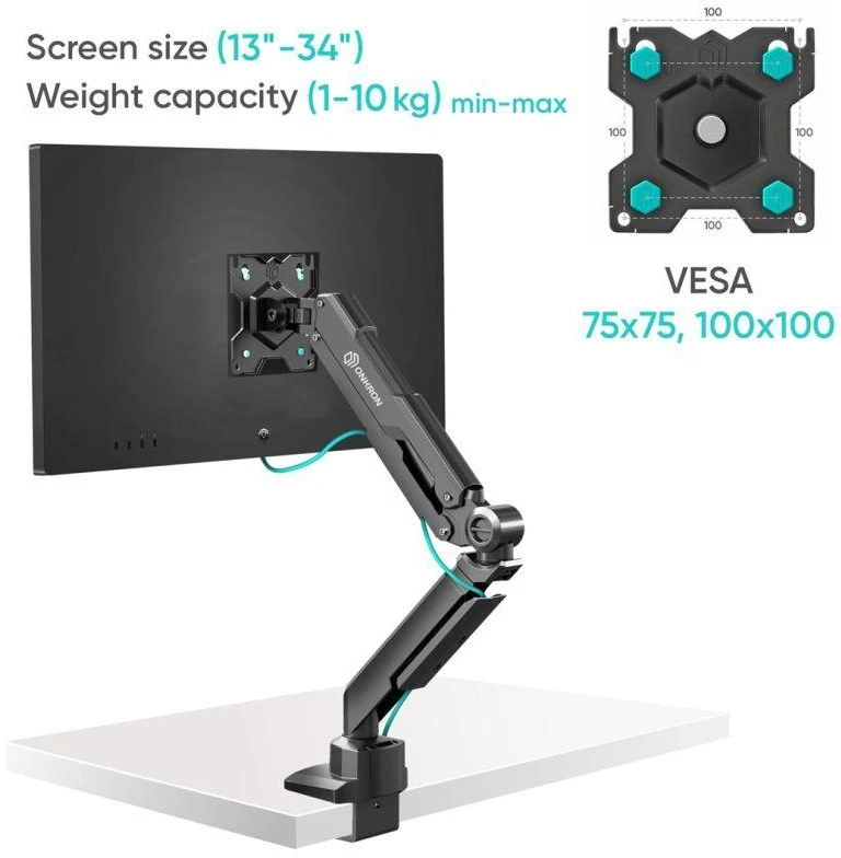 ONKRON G90-B Pasukamas ir pakreipiamas stalo laikiklis 13–34 colių monitoriams, maks. 10 kg, su rotacija, juodas