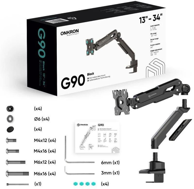 ONKRON G90-B Pasukamas ir pakreipiamas stalo laikiklis 13–34 colių monitoriams, maks. 10 kg, su rotacija, juodas