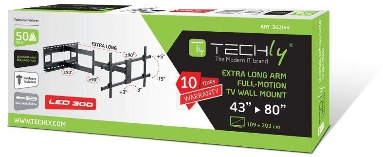 TECHLY sieninis laikiklis, ištraukiama rankena iki 1015 mm LCD 43-80 colių Juodas