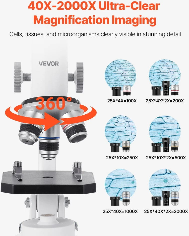 VEVOR Profesionalus monokulinis mikroskopas 40-2000X