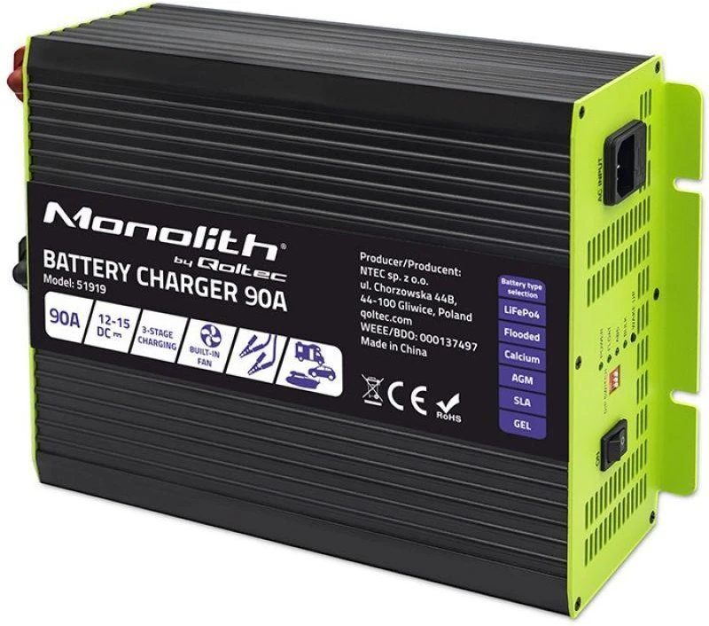 Akumuliatorius Qoltec Profesionalus kroviklis Monolitas LiFePO4 AGM GEL SLA akumuliatoriams | 90A | 12V | Greitas įkrovimas