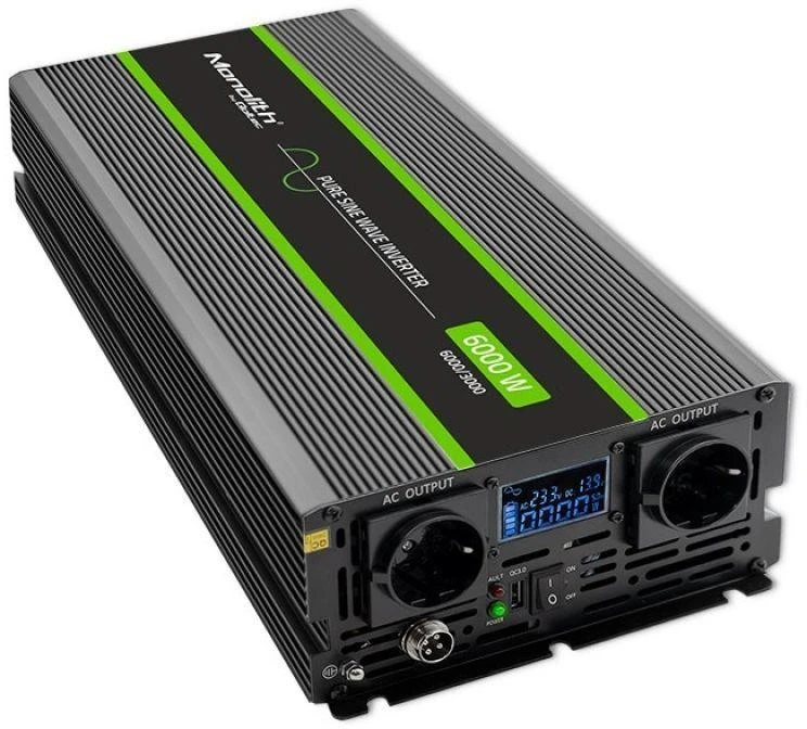 Qoltec Monolith įtampos keitiklis | 3000W | 6000W | 24V į 230V | gryna sinusinė banga | LCD