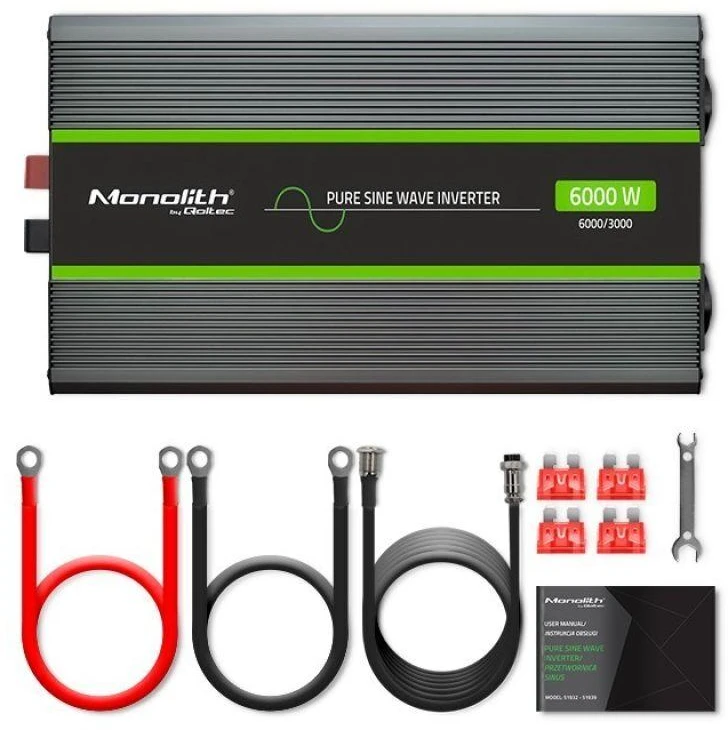 Qoltec Monolith įtampos keitiklis | 3000W | 6000W | 24V į 230V | gryna sinusinė banga | LCD