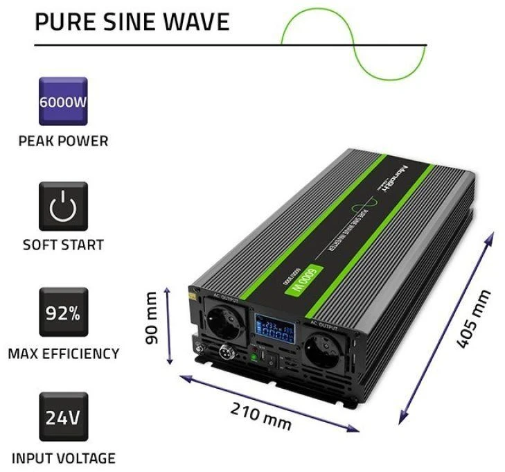 Qoltec Monolith įtampos keitiklis | 3000W | 6000W | 24V į 230V | gryna sinusinė banga | LCD