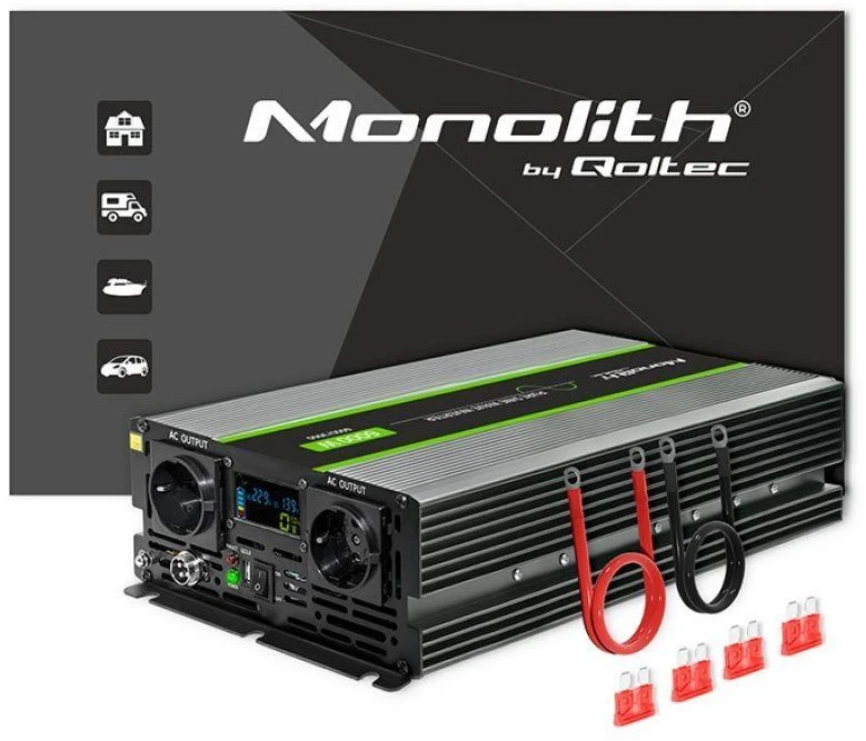Qoltec Monolith įtampos keitiklis | 3000W | 6000W | 24V į 230V | gryna sinusinė banga | LCD