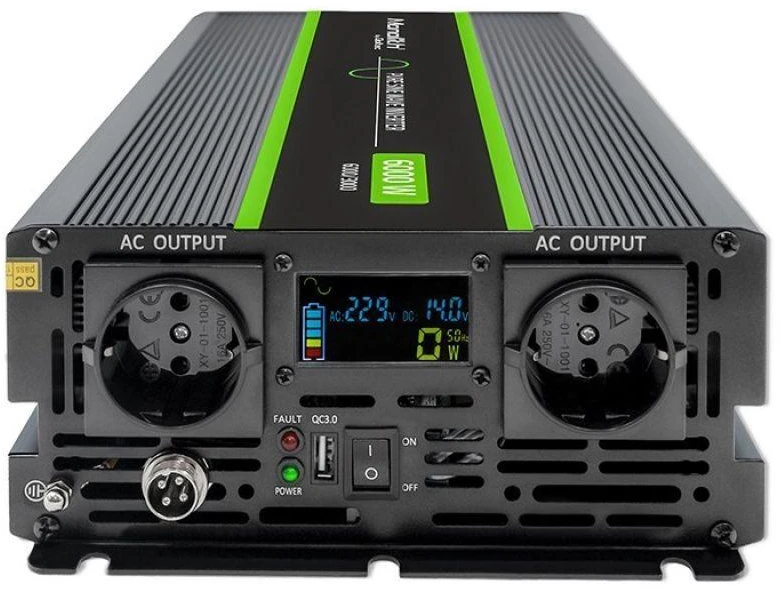 Qoltec Monolith įtampos keitiklis | 3000W | 6000W | 24V į 230V | gryna sinusinė banga | LCD